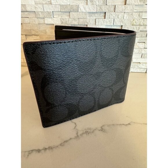 Coach Men's Wallet Compact ID Signature Black Oxblood NEW - Picture 4 of 5